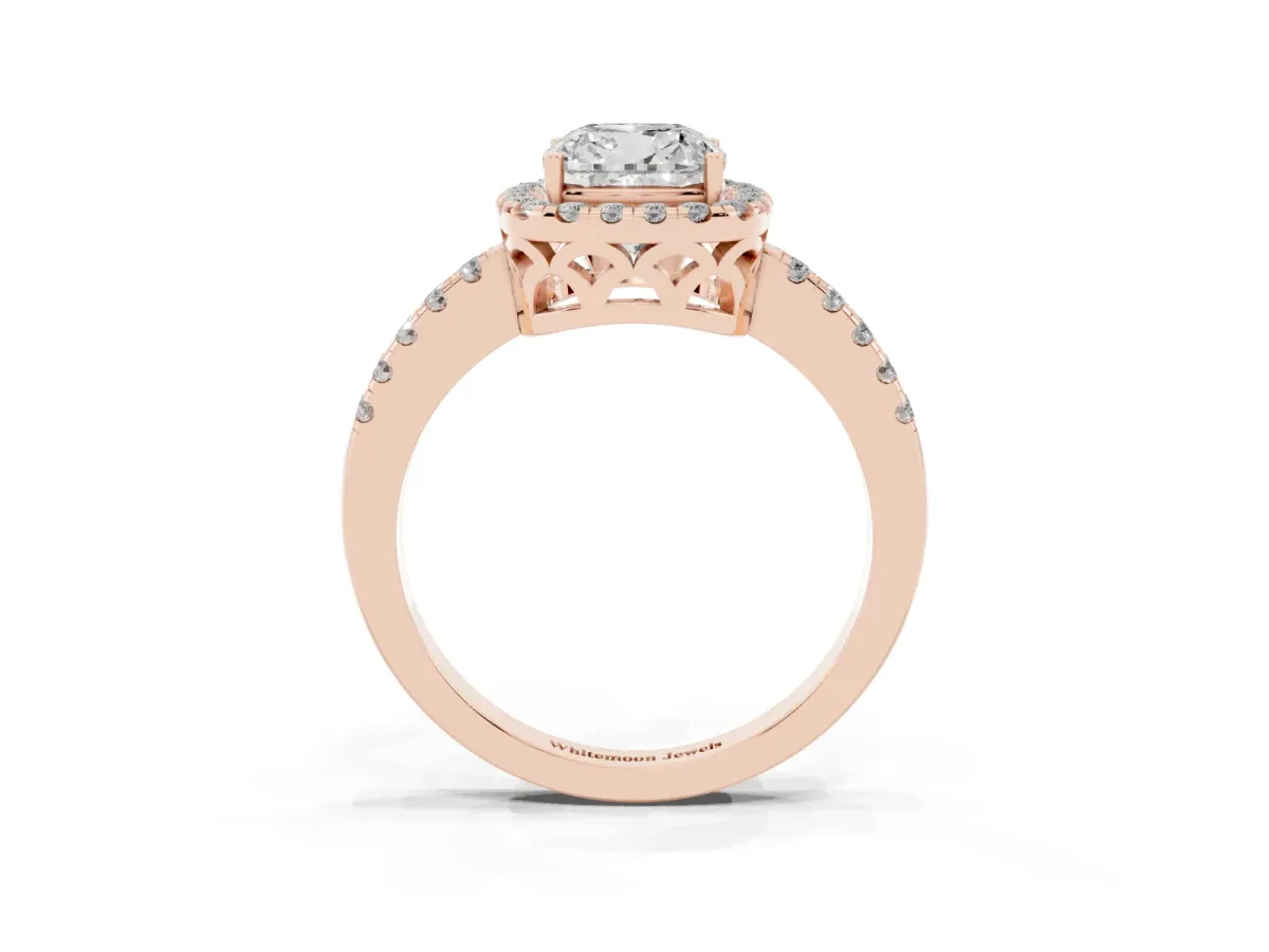 Cushion Cut Halo Diamond Engagement Ring with Pavé Band and Four-Prong Setting Rose gold