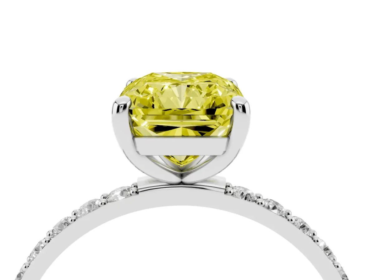 Fancy Yellow Radiant Cut Diamond Solitaire Ring with Round Pavé Band and Prong Setting Silver