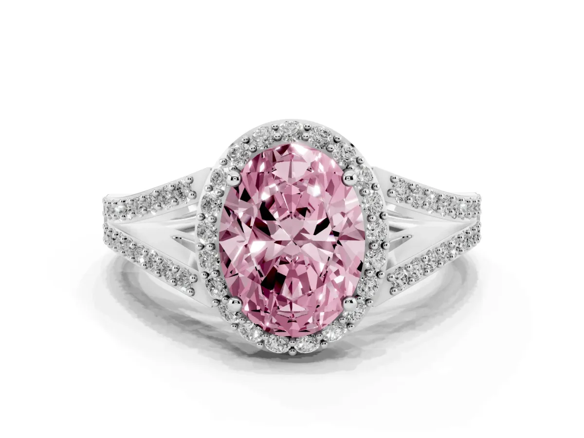 Fancy Pink Oval Cut Halo Split Shank Diamond Ring with Prong Setting Silver