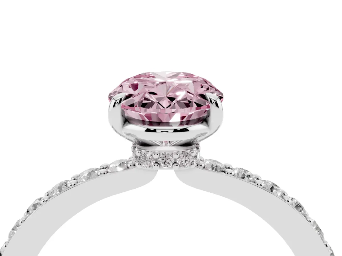 Fancy Pink Oval Cut Diamond Pavé Engagement Ring with Round Accents and Prong Setting Platinum