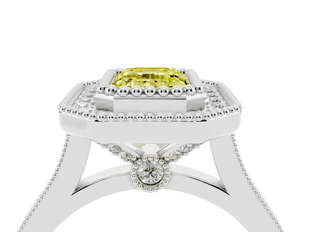 Fancy Yellow Emerald Cut Diamond Halo Ring with Milgrain Frame and Pavé Band Platinum