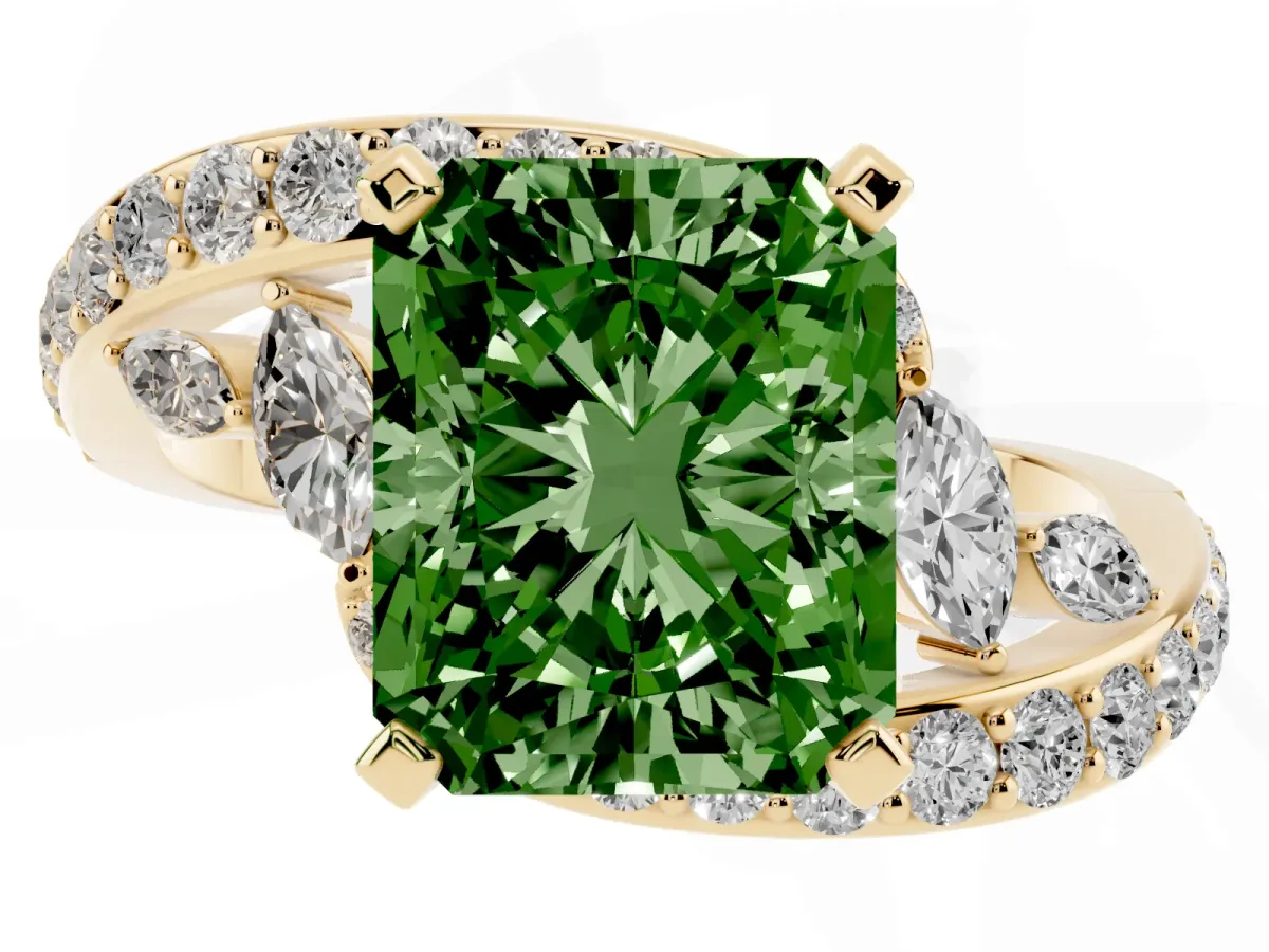 Fancy Green Radiant Cut Solitaire with Pavé Twist Band and Four-Prong Setting Yellow gold