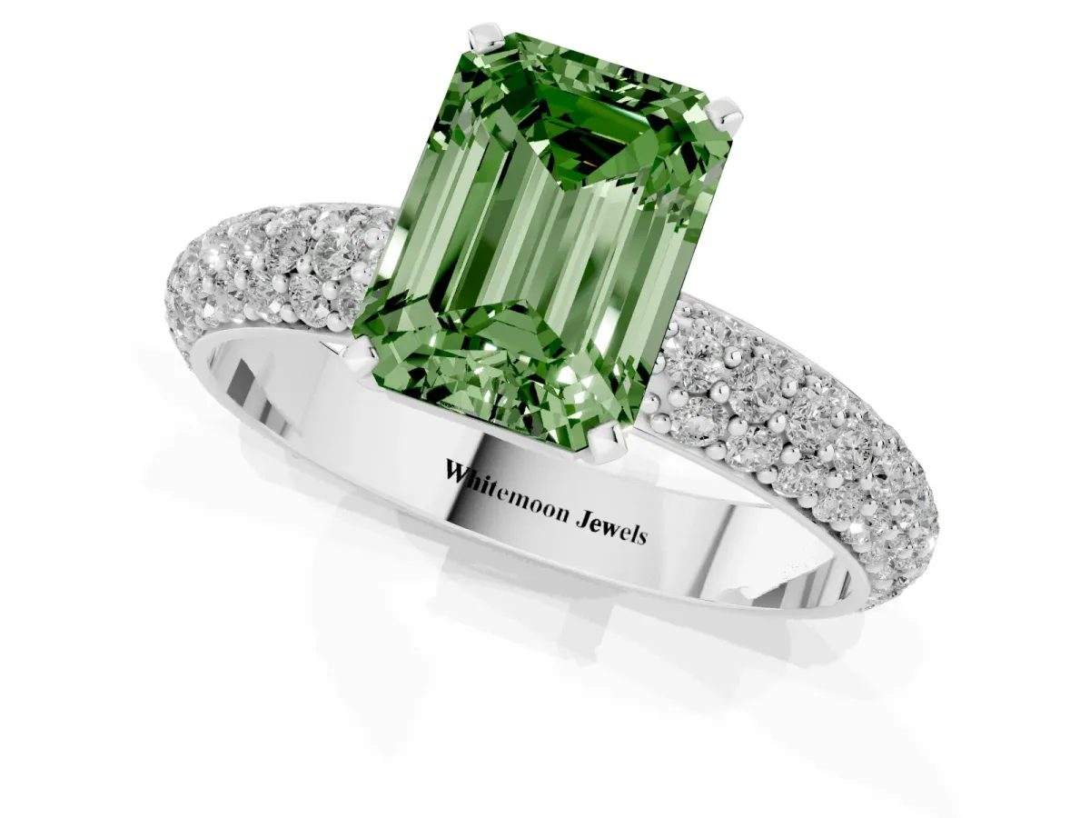Fancy Green Emerald Cut Diamond Solitaire Ring with Prong Setting and Pavé Band Silver