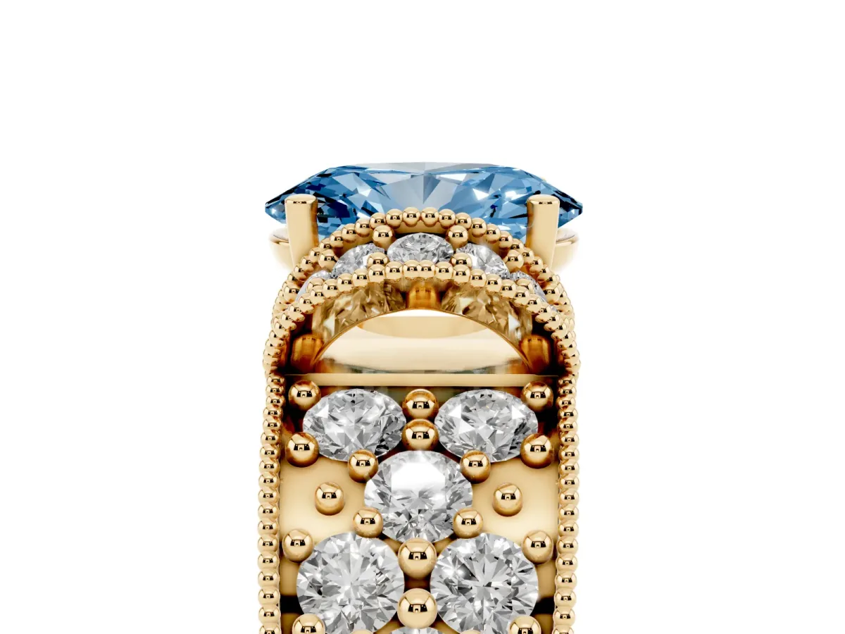 Fancy Blue Oval Cut Halo Pave Diamond Engagement Ring with Milgrain Detailing Yellow gold