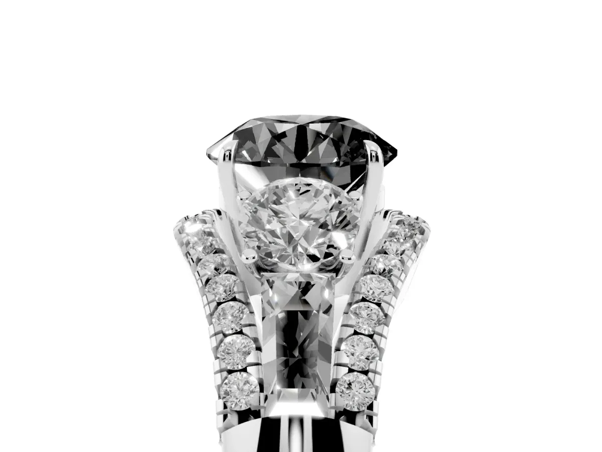 Fancy Black Three-Stone Round Cut Diamond Engagement Ring with Pave Band and Prong Setting Silver