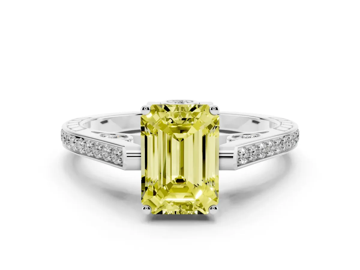 Fancy Yellow Emerald Cut Cut Cathedral Pave Diamond Engagement Ring with Six-Prong Setting Platinum