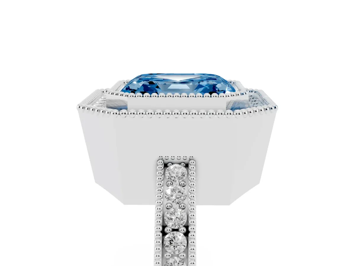 Fancy Blue Asscher Cut Cut Halo Diamond Ring with Pavé Band and Milgrain Prong Setting Silver