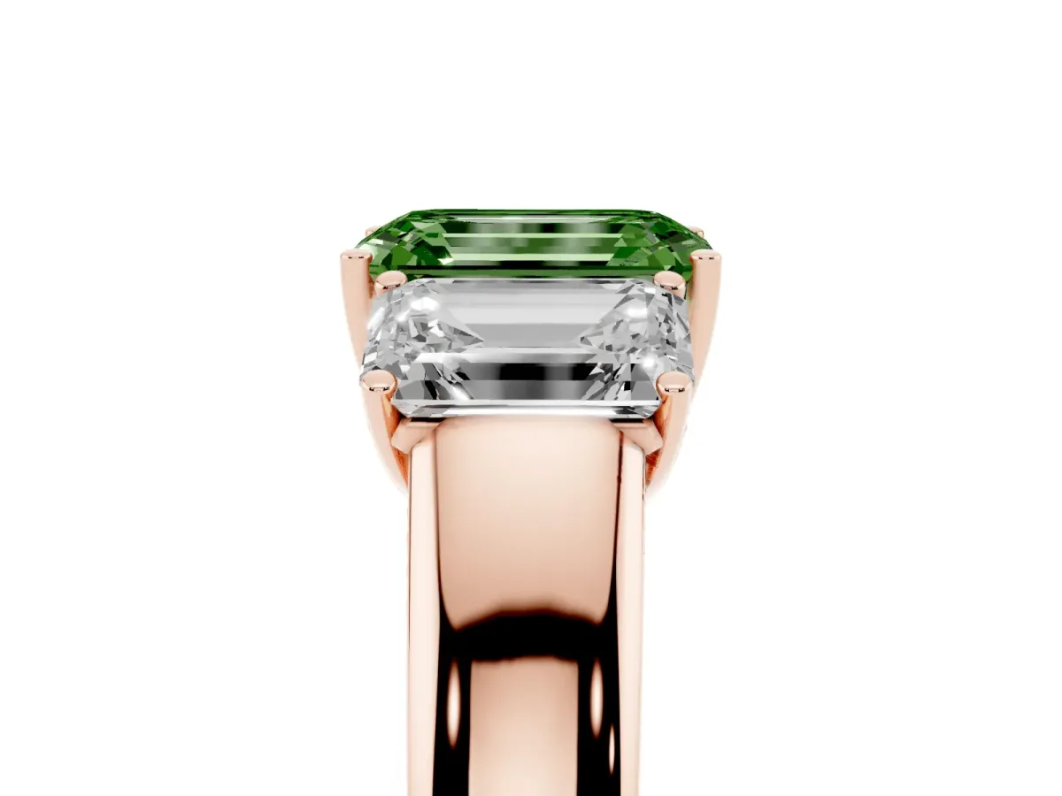 Fancy Green Three-Stone Emerald Cut Cut Diamond Ring with Prong Setting and Classic Band Rose gold