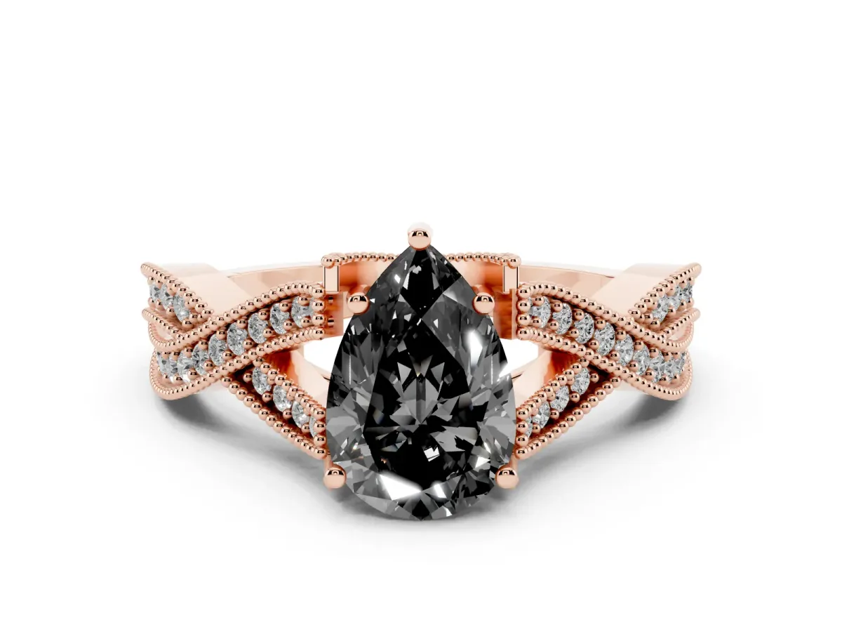Fancy Black Pear Cut Cut Diamond Twisted Band with Milgrain Pave Setting and Four-Prong Setting Rose gold