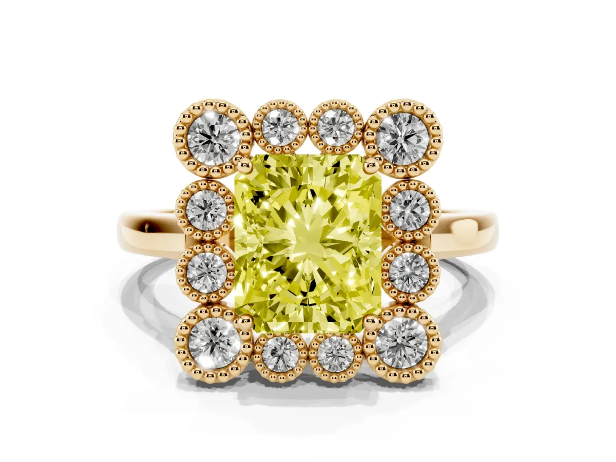 Fancy Yellow Radiant Cut Halo Diamond Cluster Engagement Ring with Milgrain Bezel Setting and Solitaire Band Yellow gold