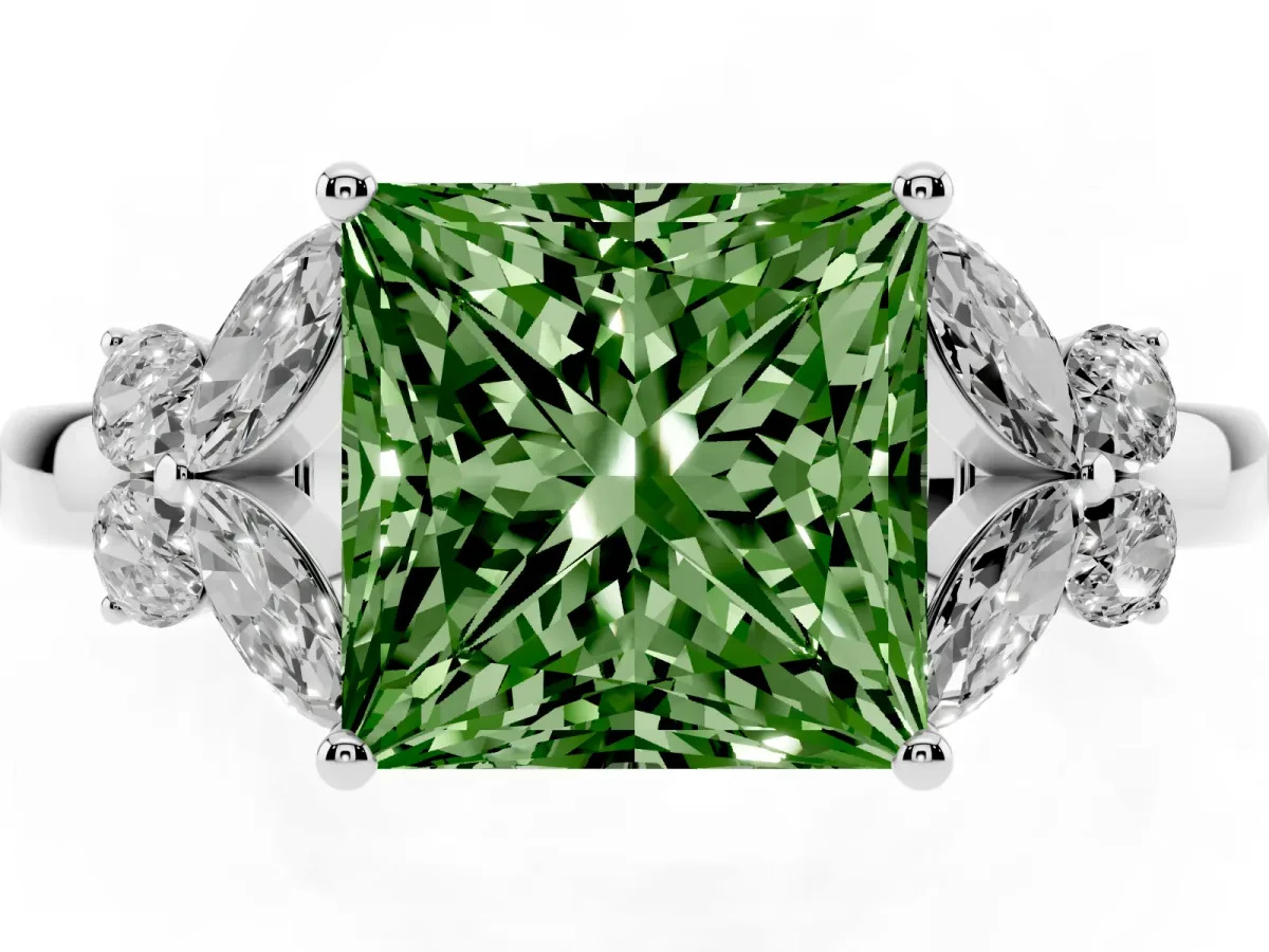Fancy Green Princess Cut Cut Solitaire Floral Diamond Ring with Four-Prong Setting Silver