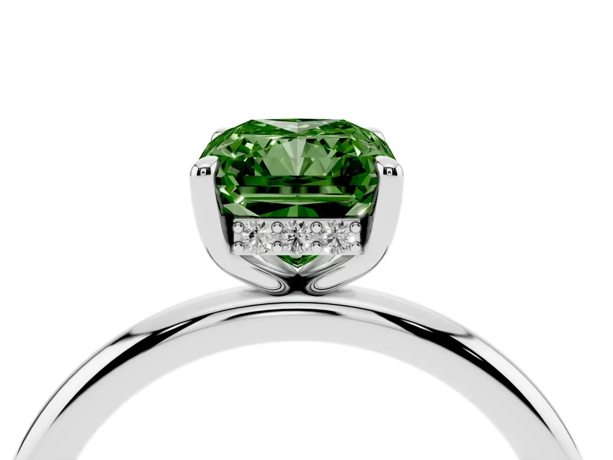 Fancy Green Radiant Cut Diamond Solitaire Ring with Thin Band and Four-Prong Setting Platinum
