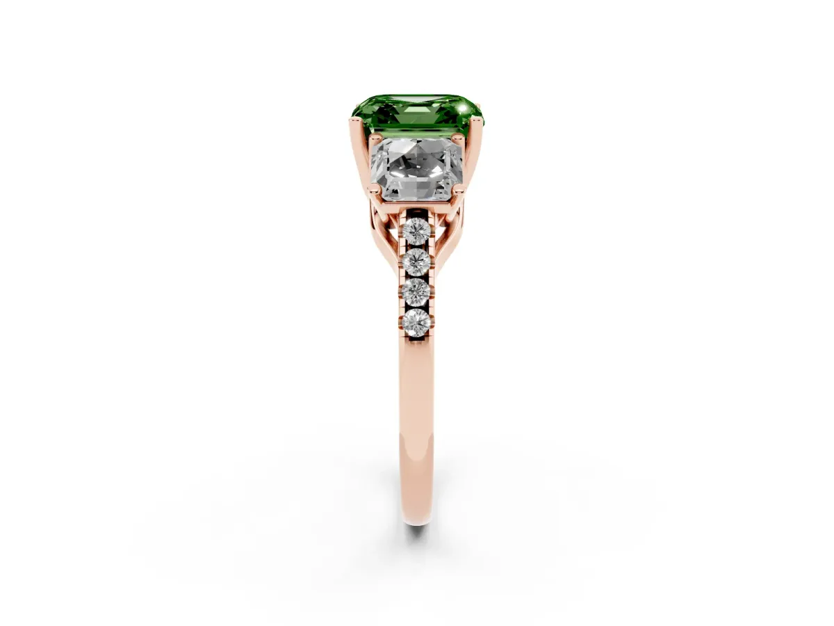 Fancy Green Three-Stone Asscher Cut Diamond Ring with Round Pavé Band and Prong Setting Rose gold