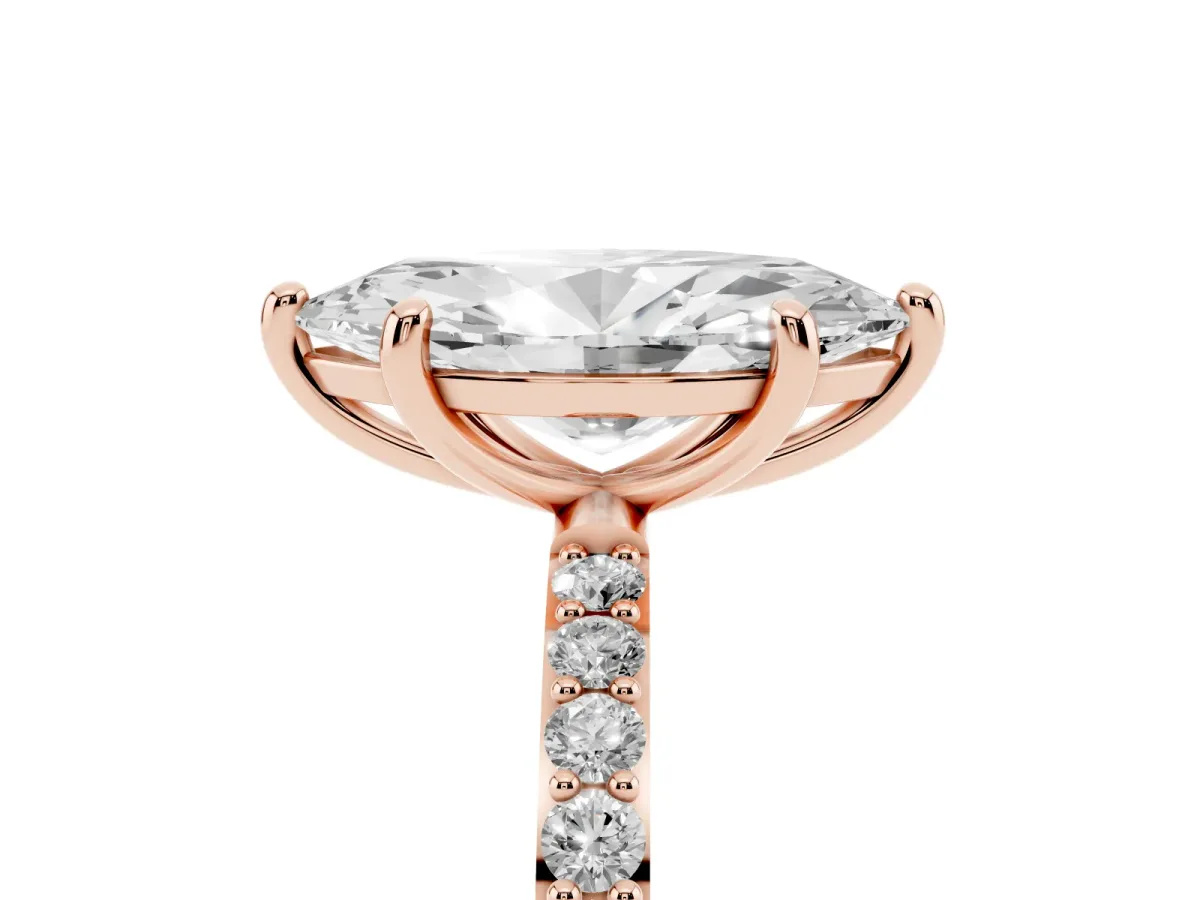 Marquise Cut Diamond Solitaire Ring with Round Pavé Band and Prong Setting Rose gold