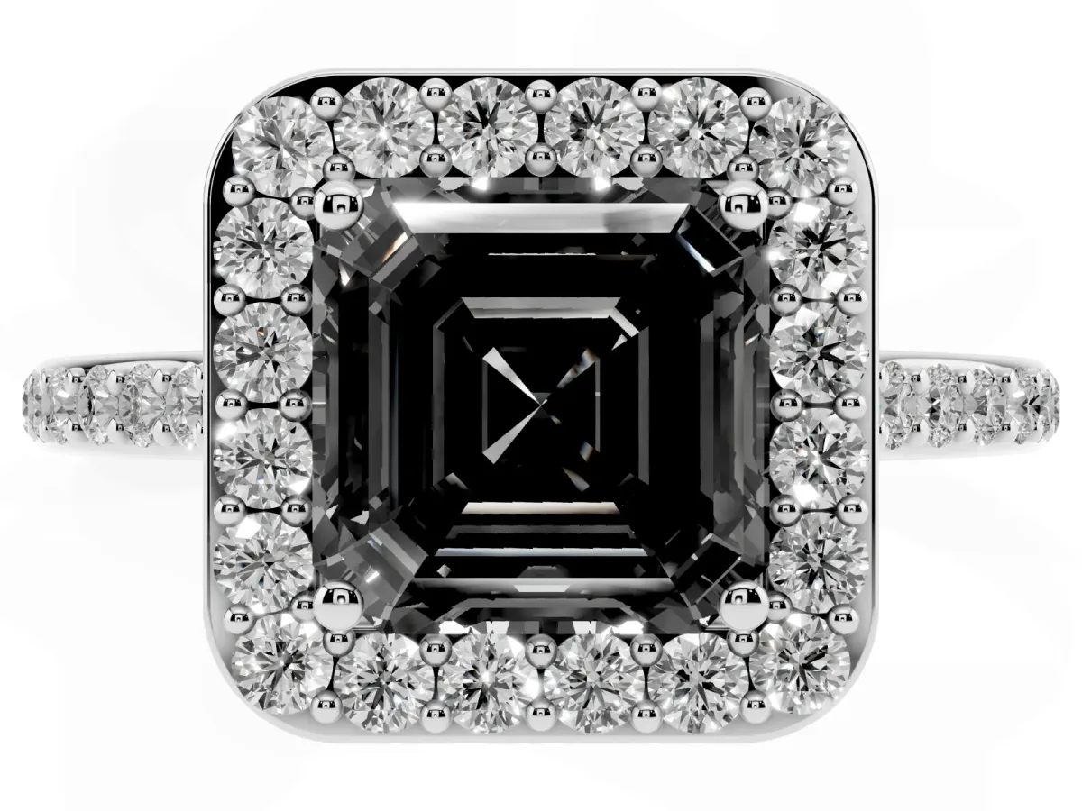 Fancy Black Asscher Cut Diamond Halo Engagement Ring with Round Pavé Shoulders and Prong Setting Platinum