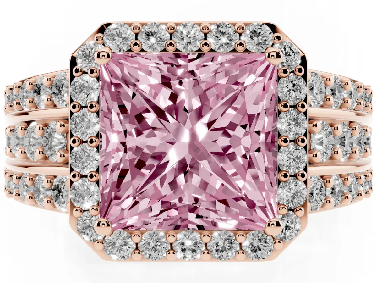 Fancy Pink Princess Cut Halo Diamond Ring with Round Split Shank and Prong Setting Rose gold