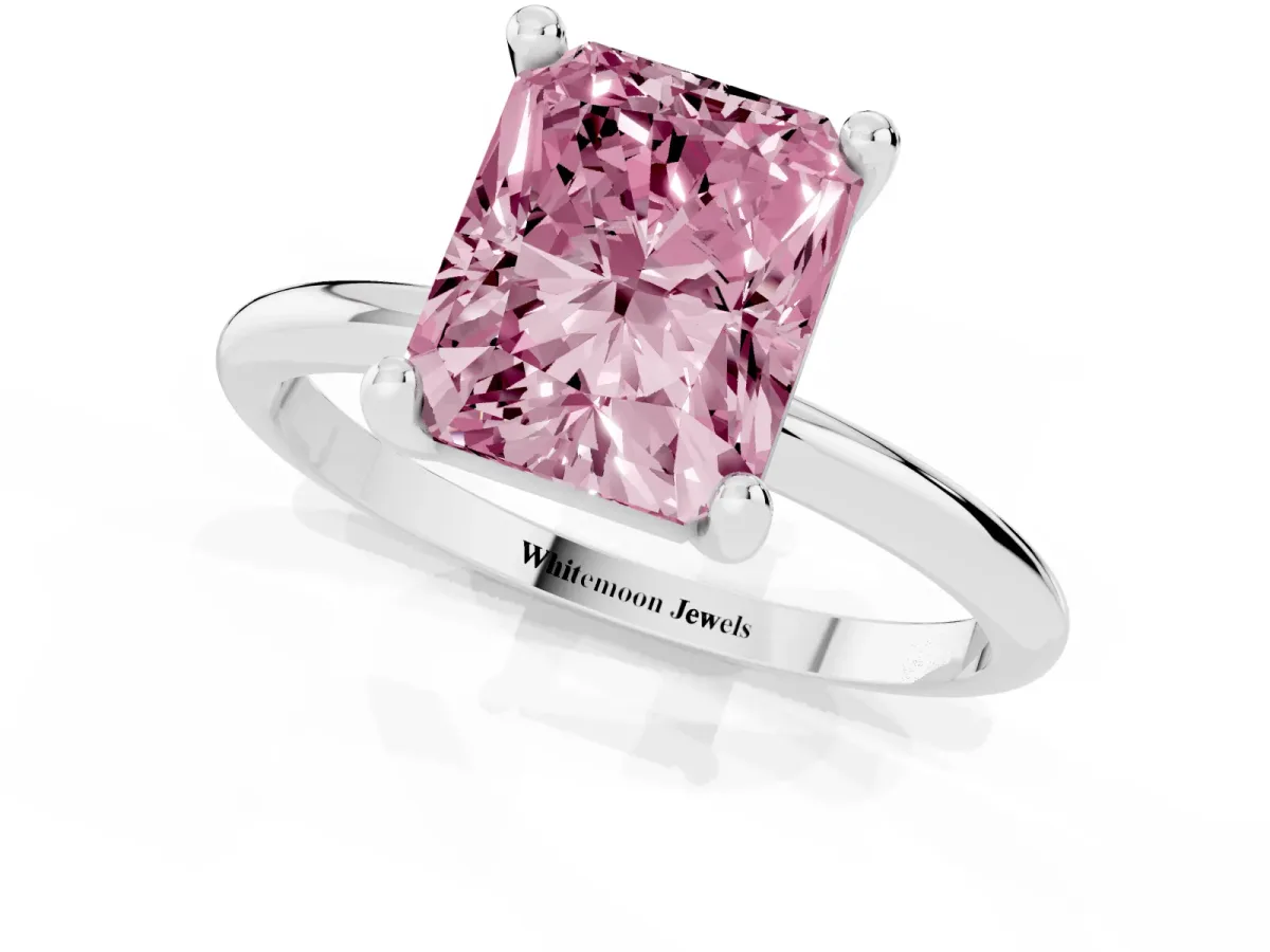 Fancy Pink Radiant Cut Solitaire Diamond Ring with 4-Prong Setting on a Classic Band Silver