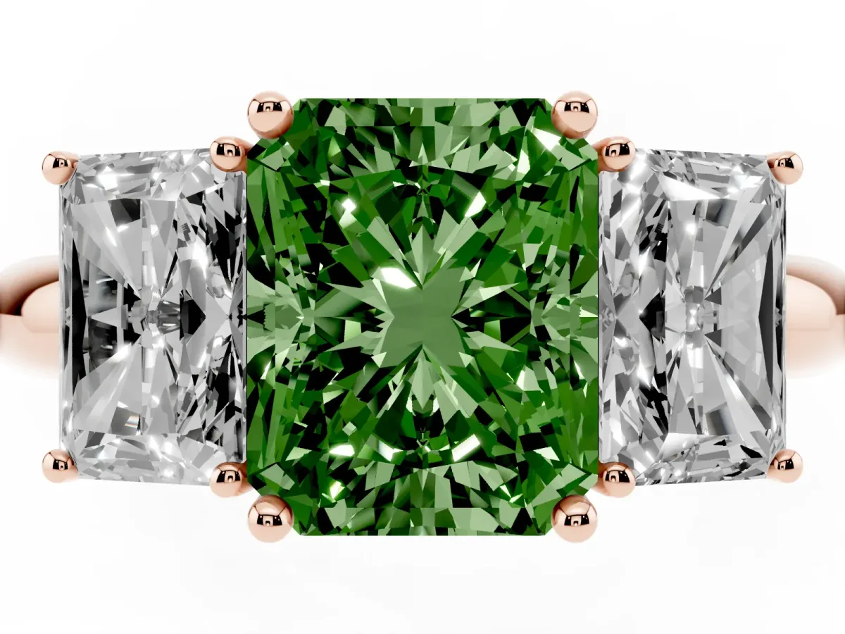 Fancy Green Three-Stone Radiant Cut Cut Diamond Engagement Ring with Prong Setting on a White Gold Band Rose gold