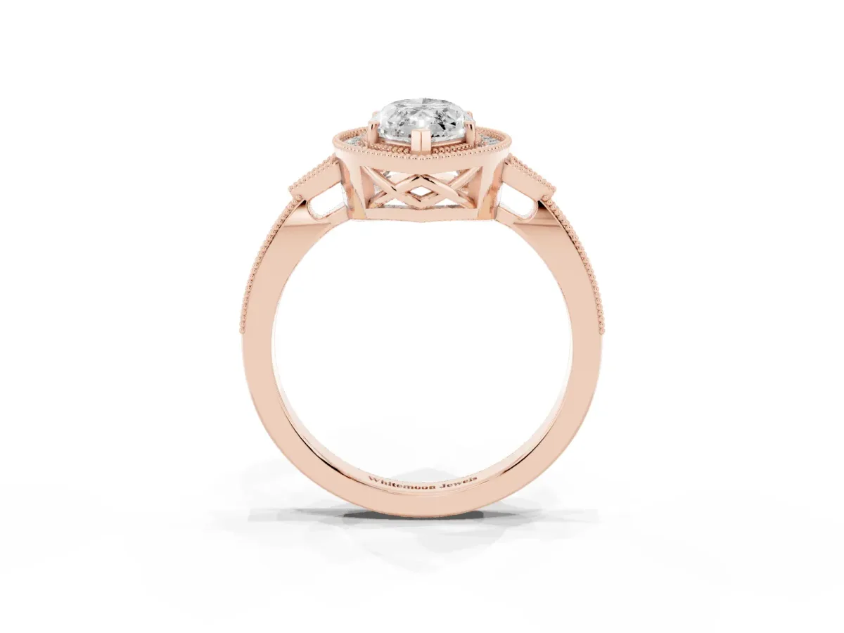 Marquise Cut Halo Round Diamond Milgrain Pave Engagement Ring Rose gold