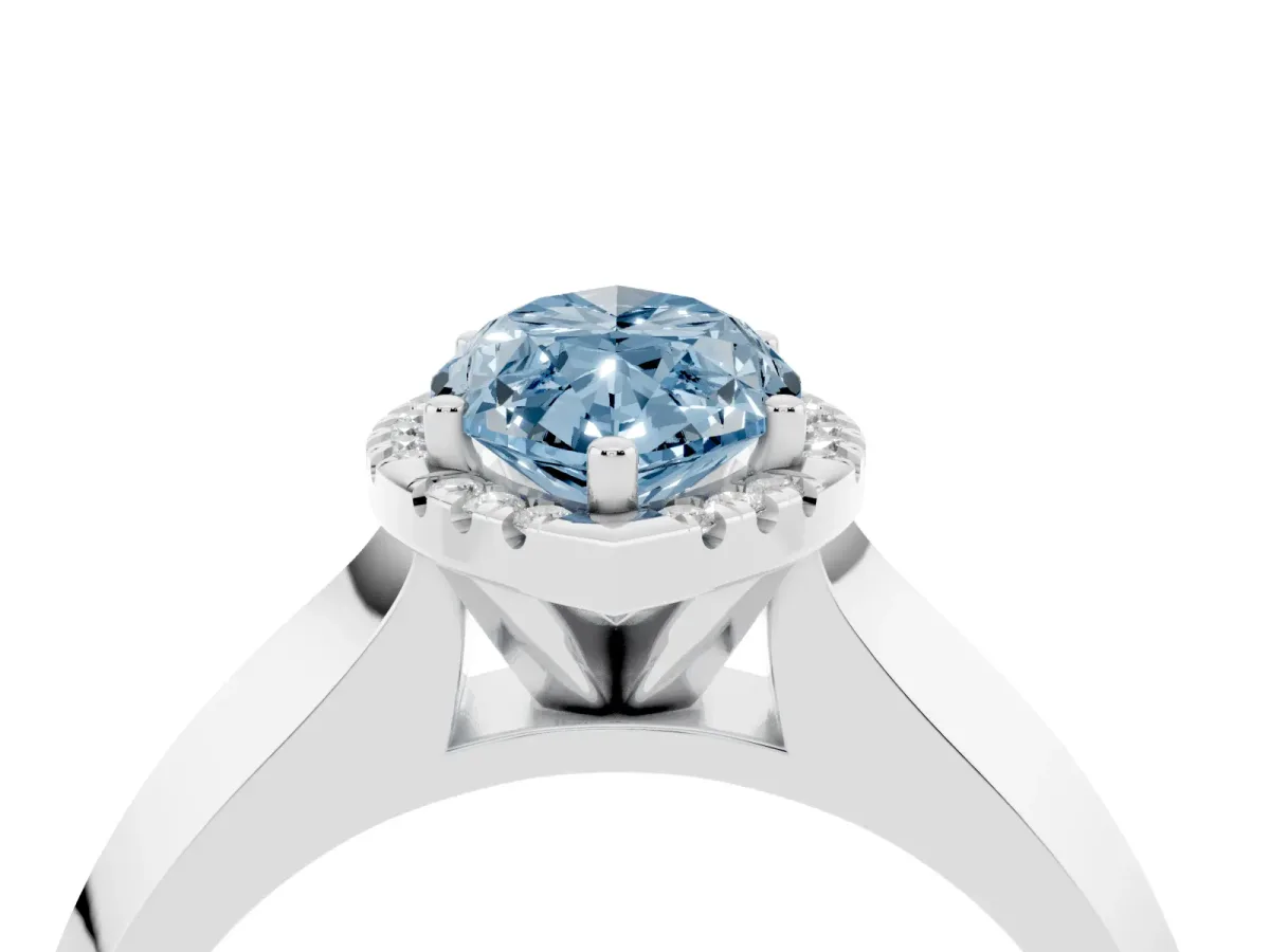 Fancy Blue Marquise Cut Halo Diamond Ring with Cathedral Band and Four-Prong Setting White gold