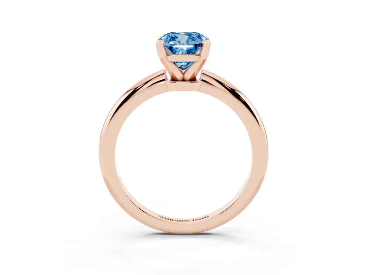 Fancy Blue Cushion Cut Diamond Solitaire Ring with Prong Setting and Classic Band Rose gold