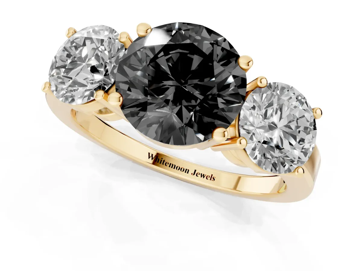 Fancy Black Three-Stone Round Cut Cut Diamond Engagement Ring with Flat Band and Four-Prong Setting Yellow gold