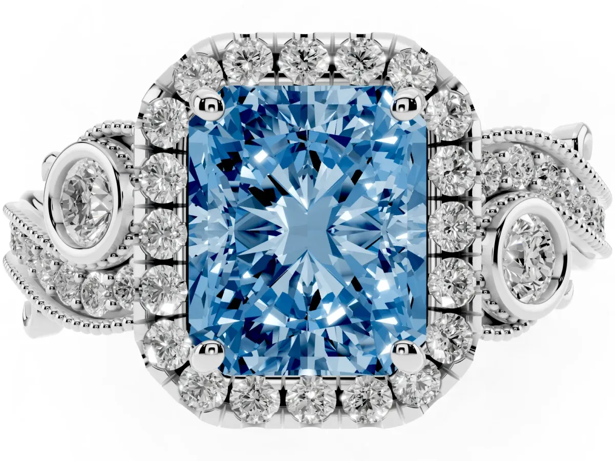 Fancy Blue Radiant Cut Halo Diamond Ring with Milgrain and Bezel Accents on a Split Shank Band Platinum