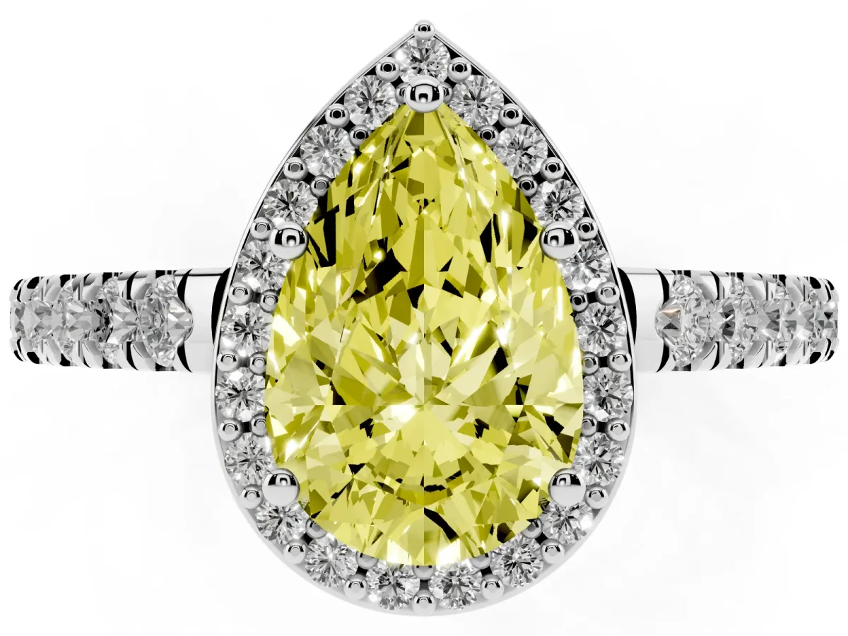 Fancy Yellow Pear Cut Cut Halo Diamond Engagement Ring with Pave Band and Four-Prong Setting Platinum
