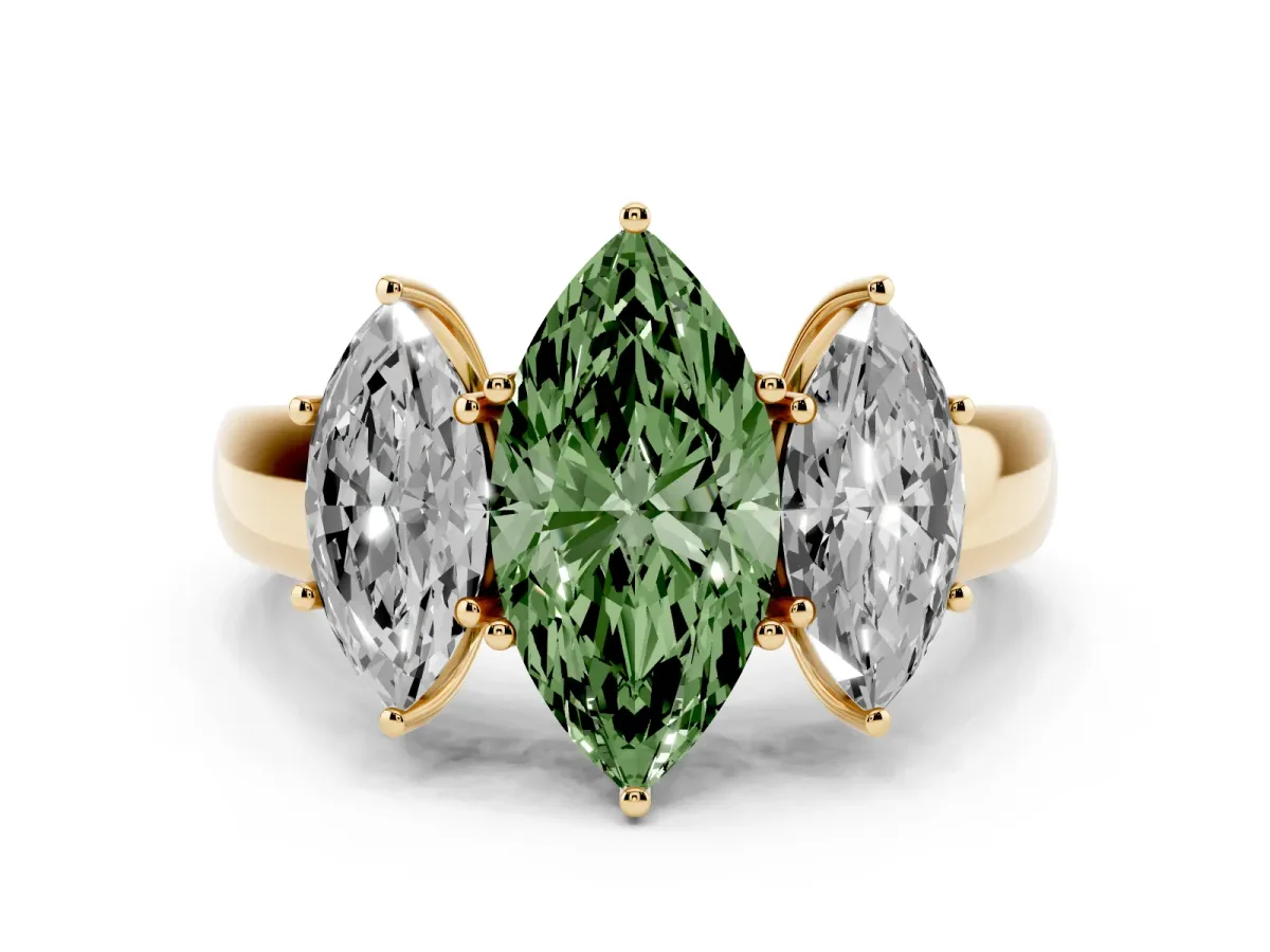 Fancy Green Three-Stone Marquise Cut Cut Diamond Ring with Prong Setting and Classic Band Yellow gold