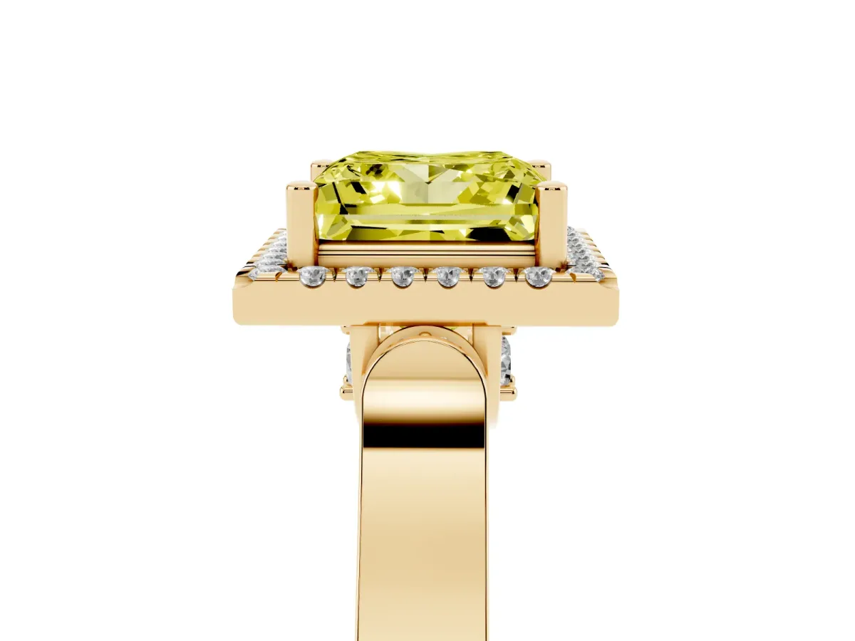 Fancy Yellow Princess Cut Halo Round Diamond Twist Band with Four-Prong Setting Yellow gold