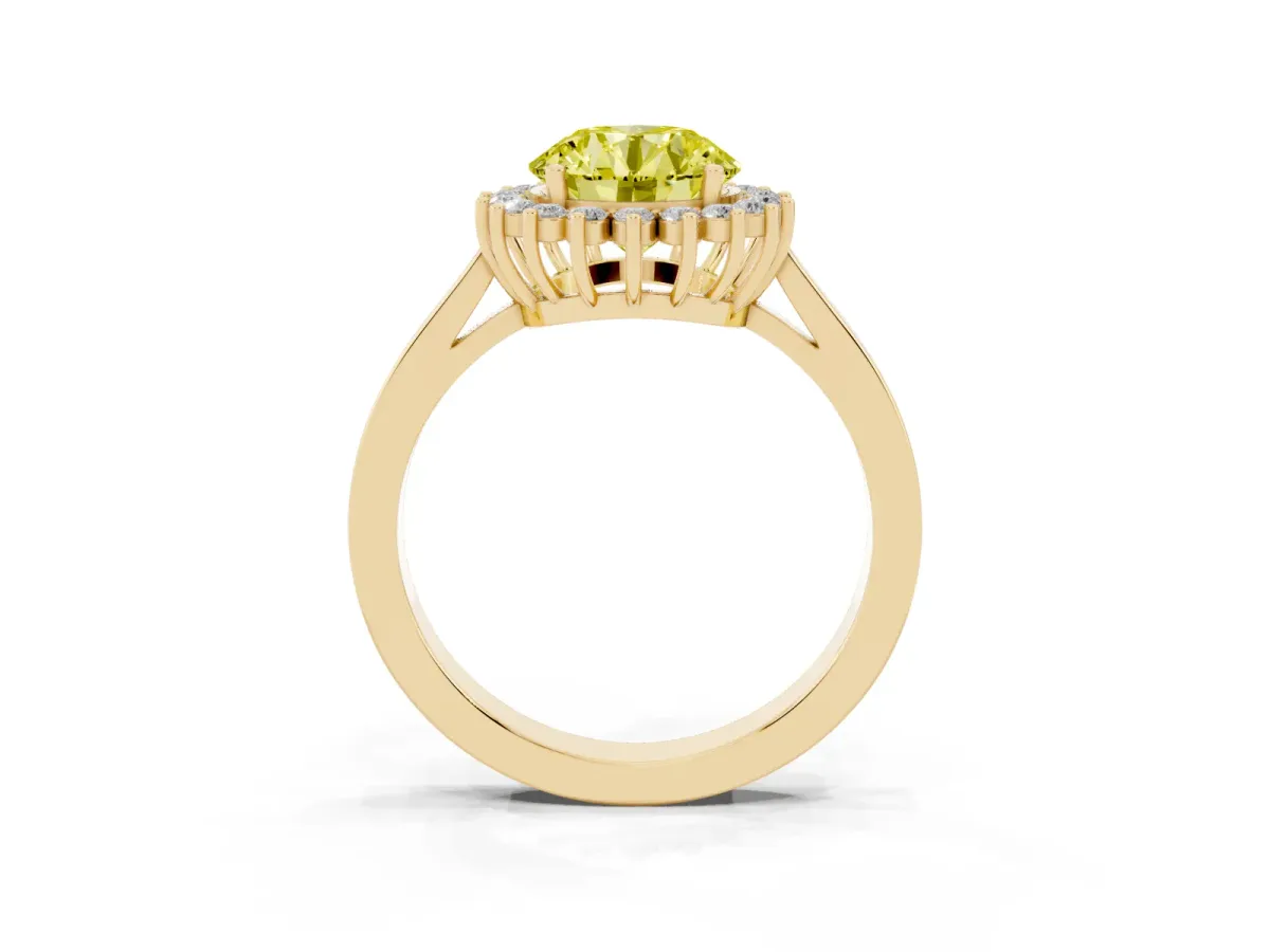 Fancy Yellow Round Cut Cut Diamond Halo Ring with Round Brilliant Halo and Solitaire Band Yellow gold