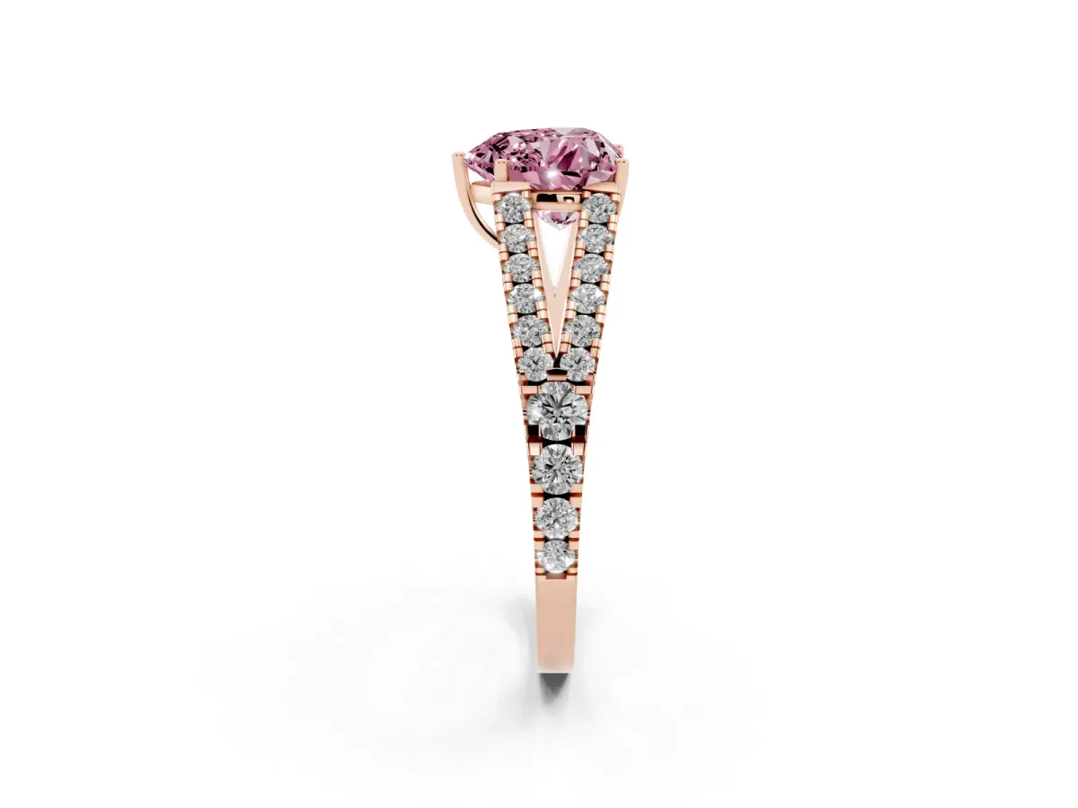 Fancy Pink Heart Cut Diamond Split Shank Engagement Ring with Round Pavé and Prong Setting Rose gold