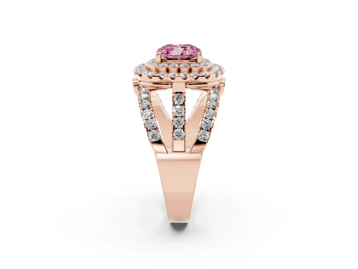 Fancy Pink Cushion Cut Diamond Double Halo Ring with Round Pavé Split Shank and Prong Setting Rose gold