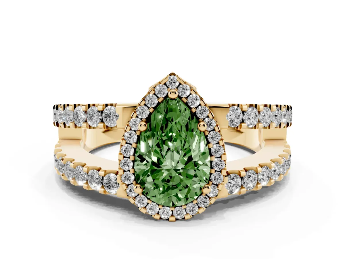 Fancy Green Pear Cut Cut Halo Split Shank Diamond Ring with Four-Prong Setting Yellow gold