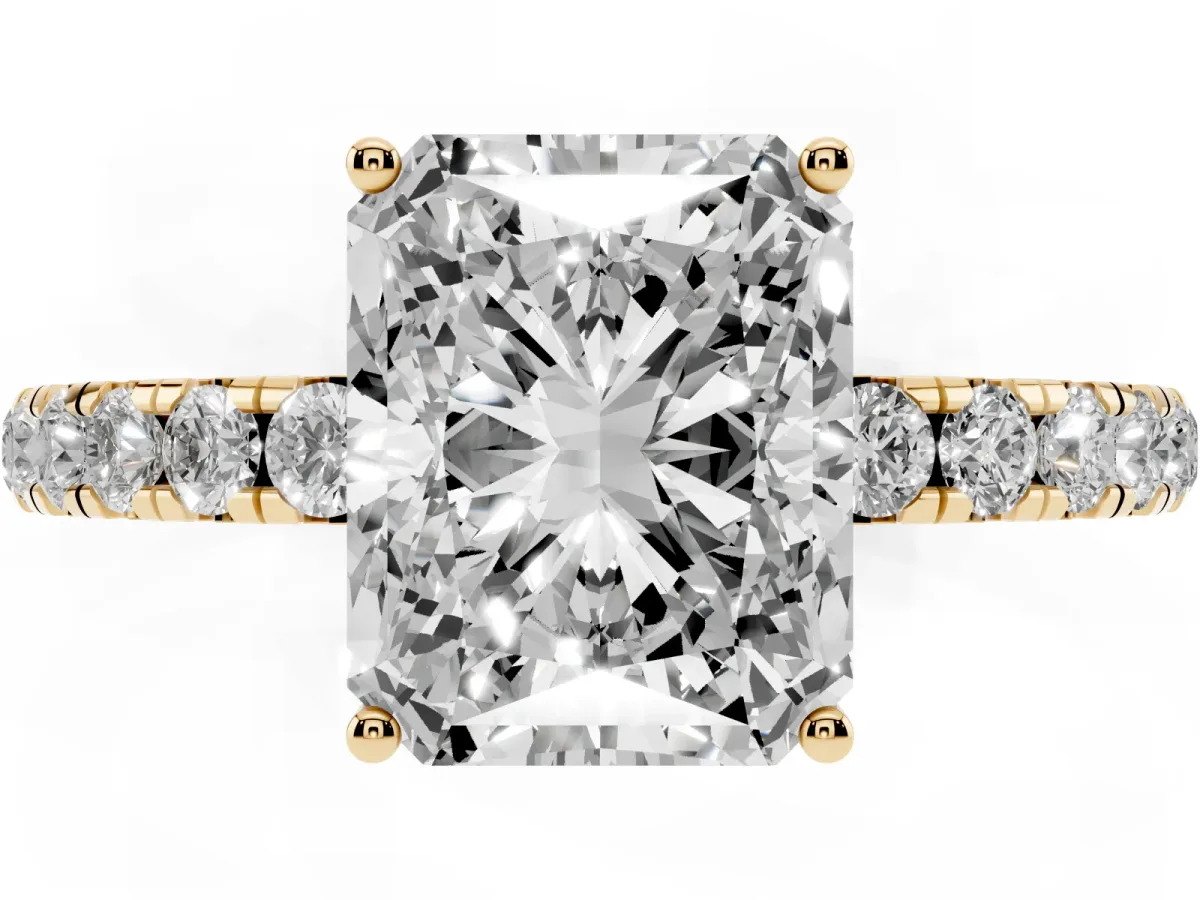 Radiant Cut Diamond Pavé Solitaire Engagement Ring with Four-Prong Setting Yellow gold