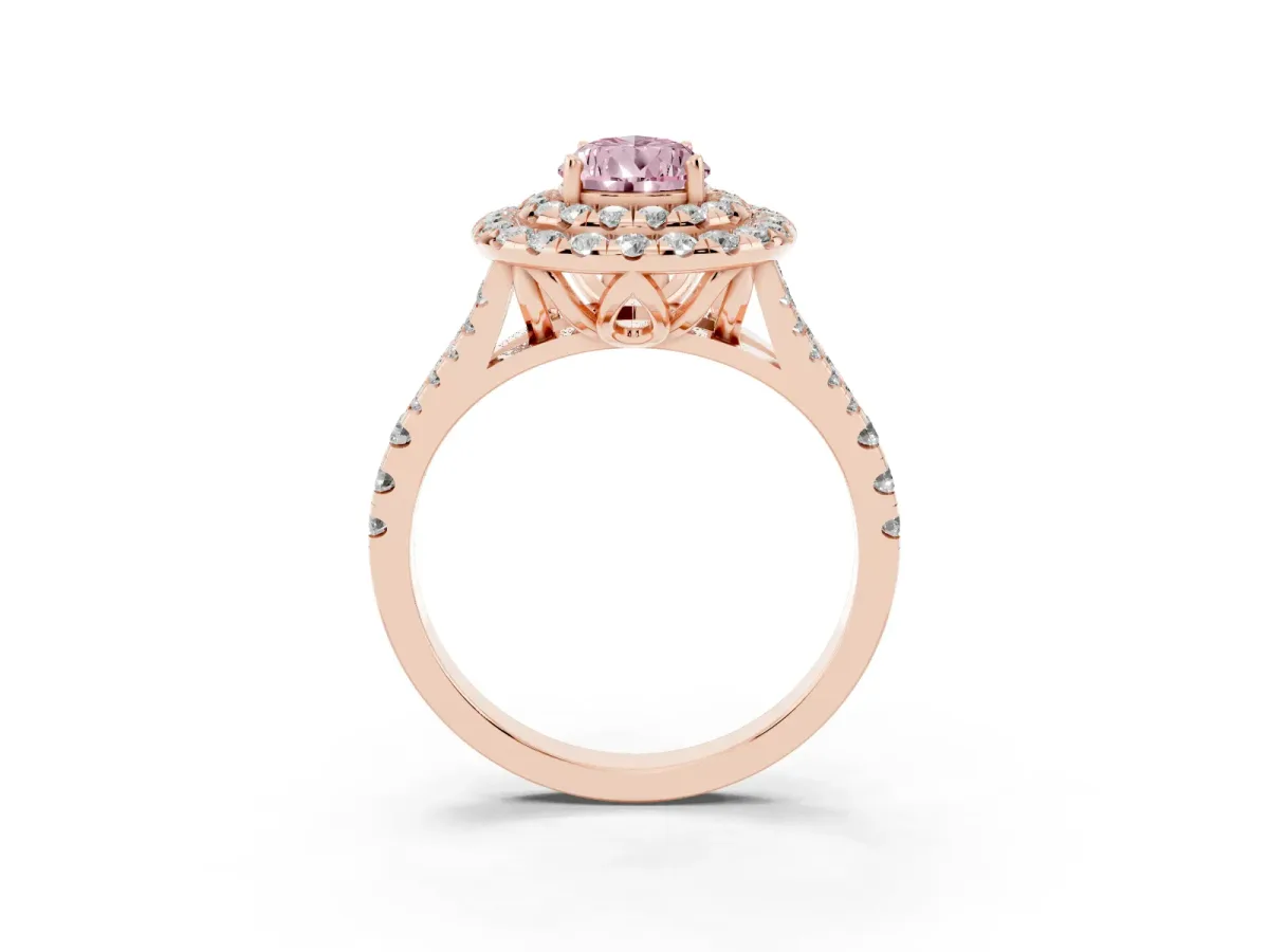 Fancy Pink Double Halo Pear Cut Diamond Pavé Split Shank Ring with Prong Setting Rose gold