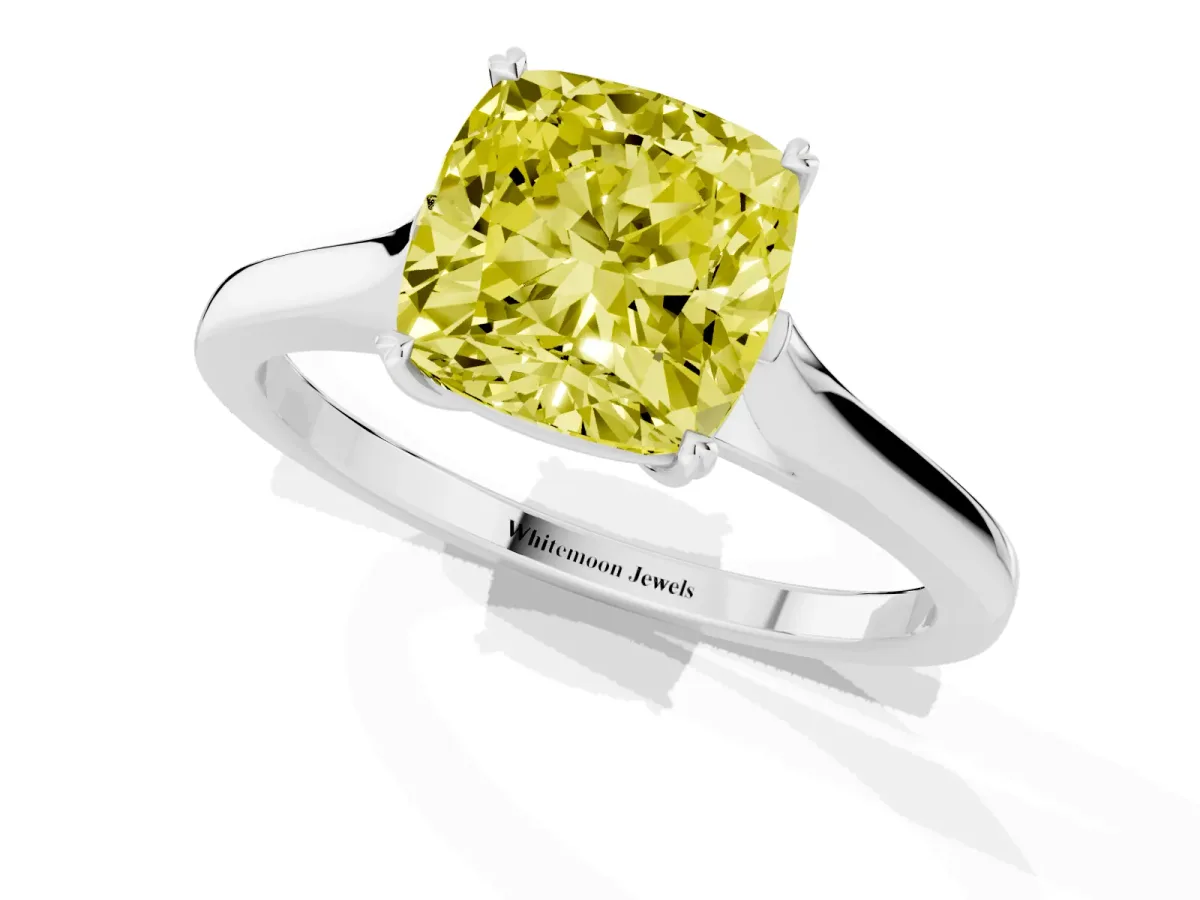 Fancy Yellow Cushion Cut Solitaire Heart Prong Engagement Ring with Tapered Band Silver