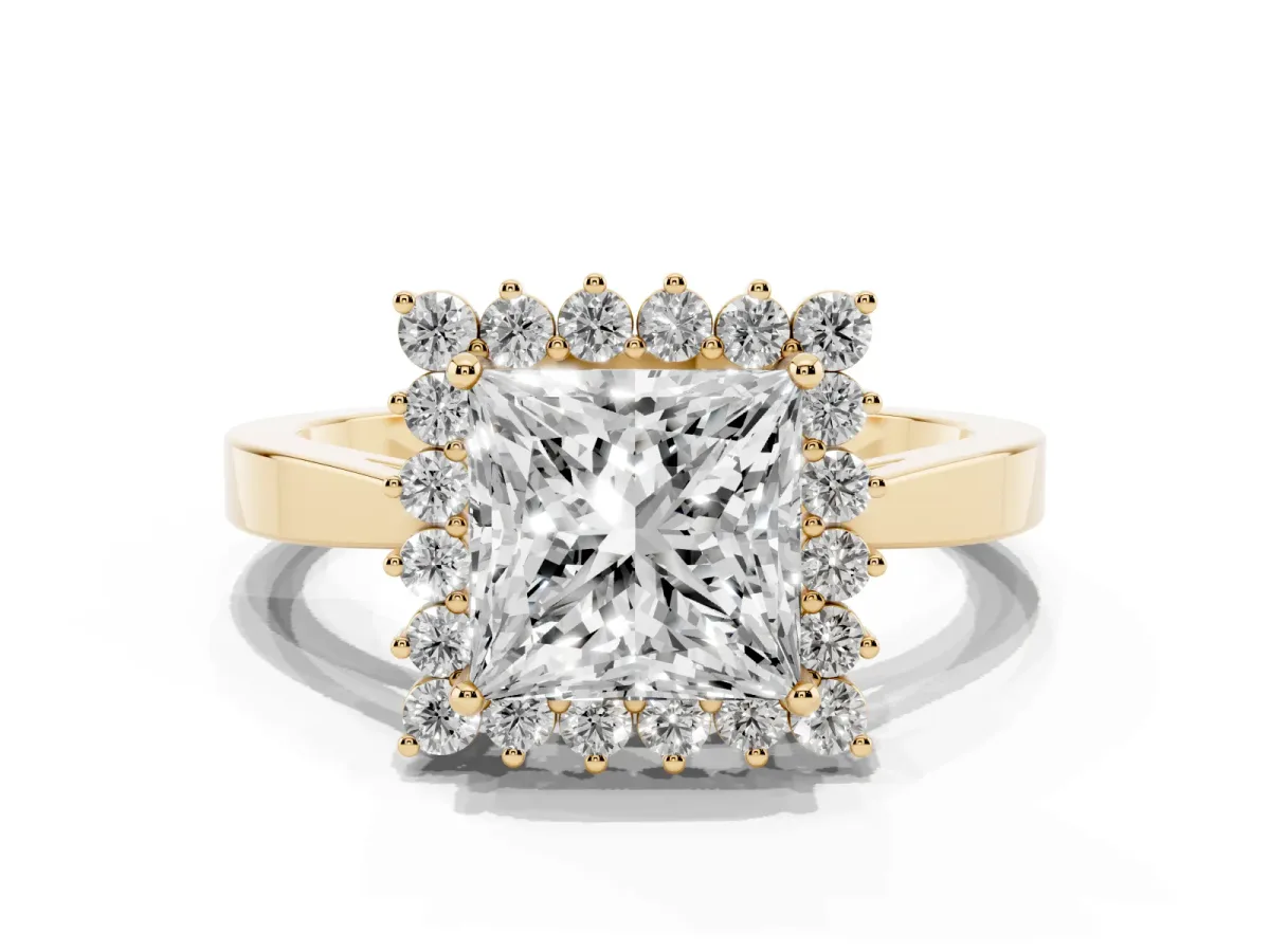 Princess Cut Cut Diamond Halo Ring with Round Brilliant Halo and Solitaire Band Yellow gold