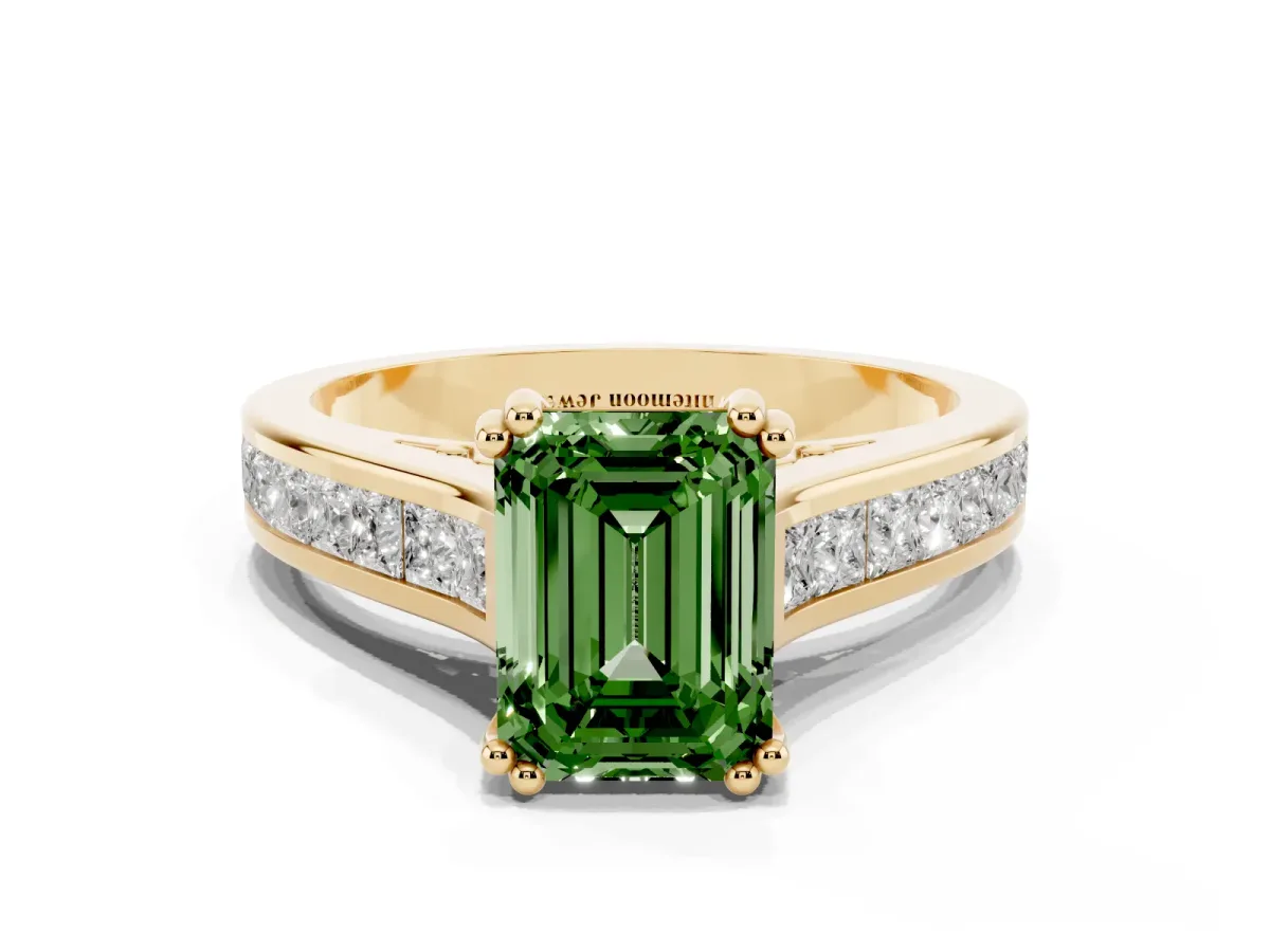 Fancy Green Emerald Cut Cut Channel Set Solitaire Engagement Ring with Prong Setting Yellow gold