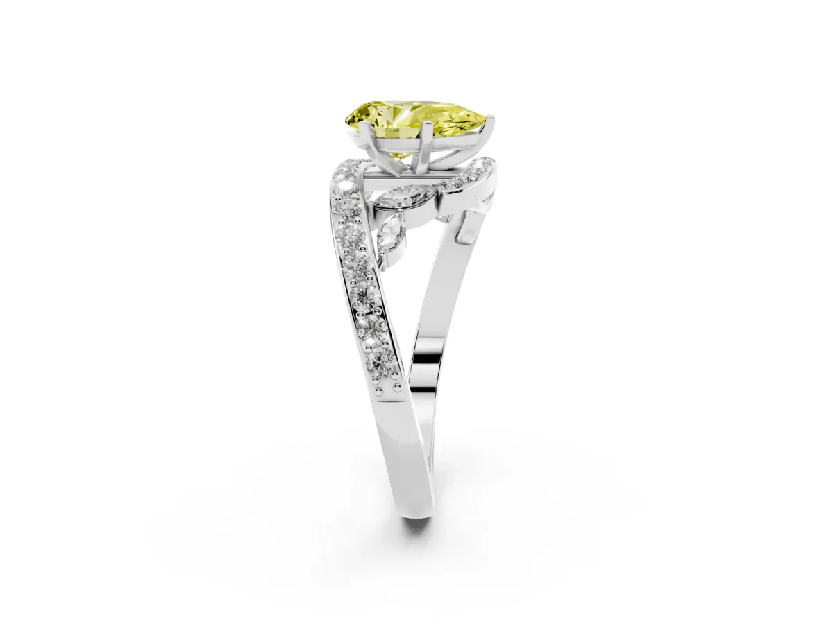 Fancy Yellow Pear Cut Solitaire with Pavé Twist Band and Four-Prong Setting Silver