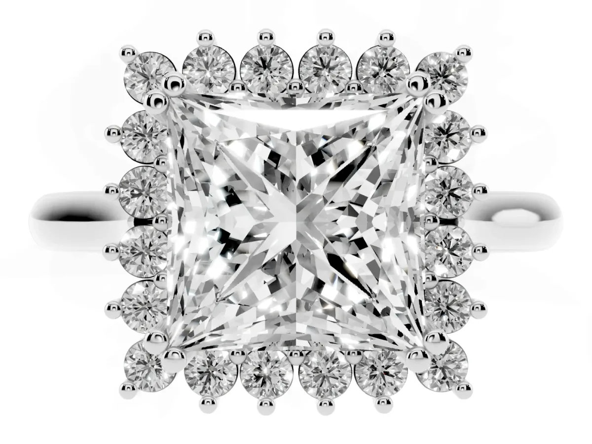 Princess Cut Cut Diamond Halo Ring with Solitaire Band and Prong Setting Silver