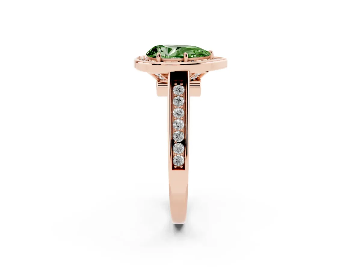 Fancy Green Pear Cut Halo Solitaire Diamond Ring with Pave Band and Bezel Setting Rose gold