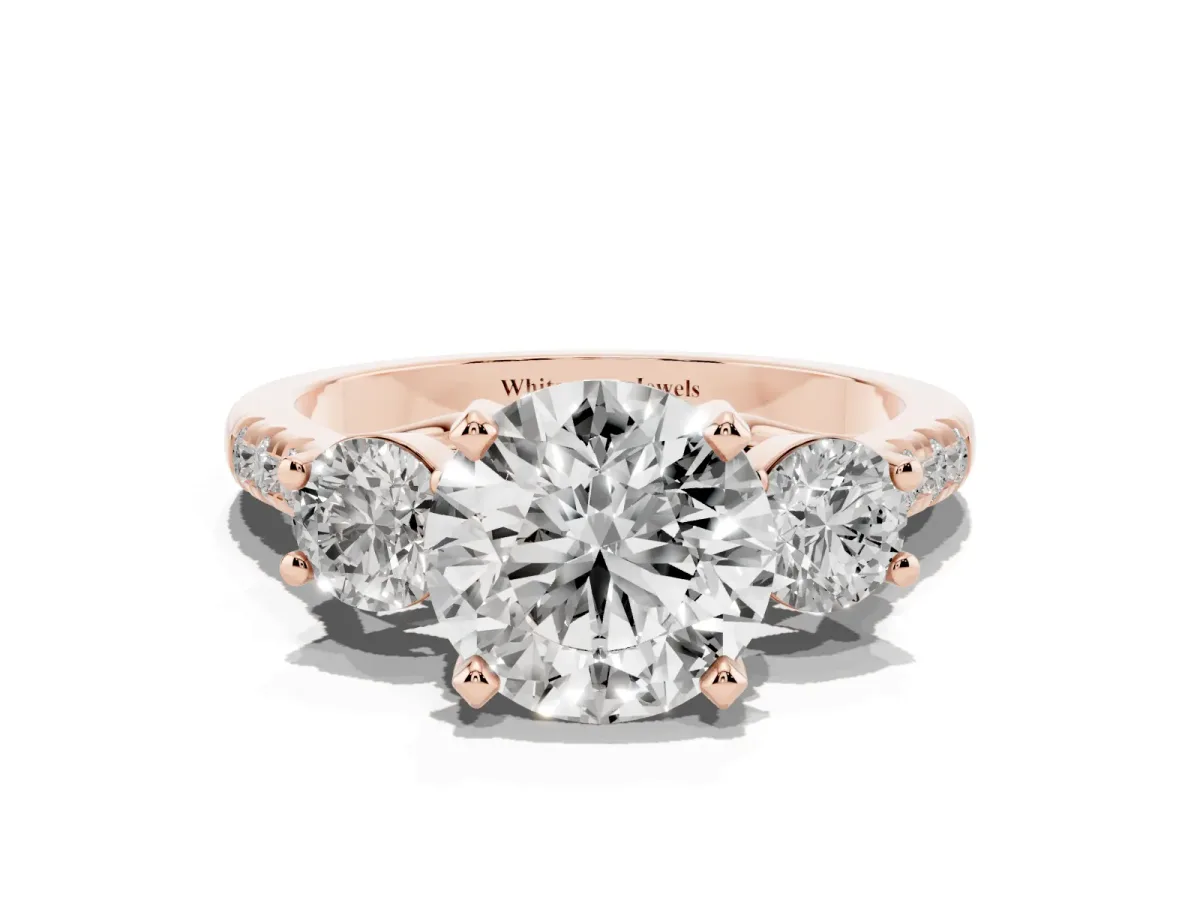 Three-Stone Round Cut Diamond Pavé Band with Four-Prong Setting Rose gold