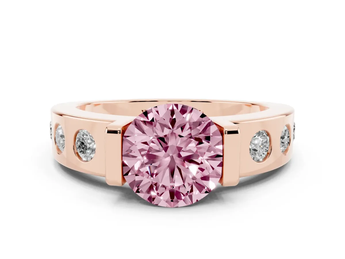 Fancy Pink Round Cut Brilliant Channel-Set Diamond Ring with Bezel Prong Setting Rose gold