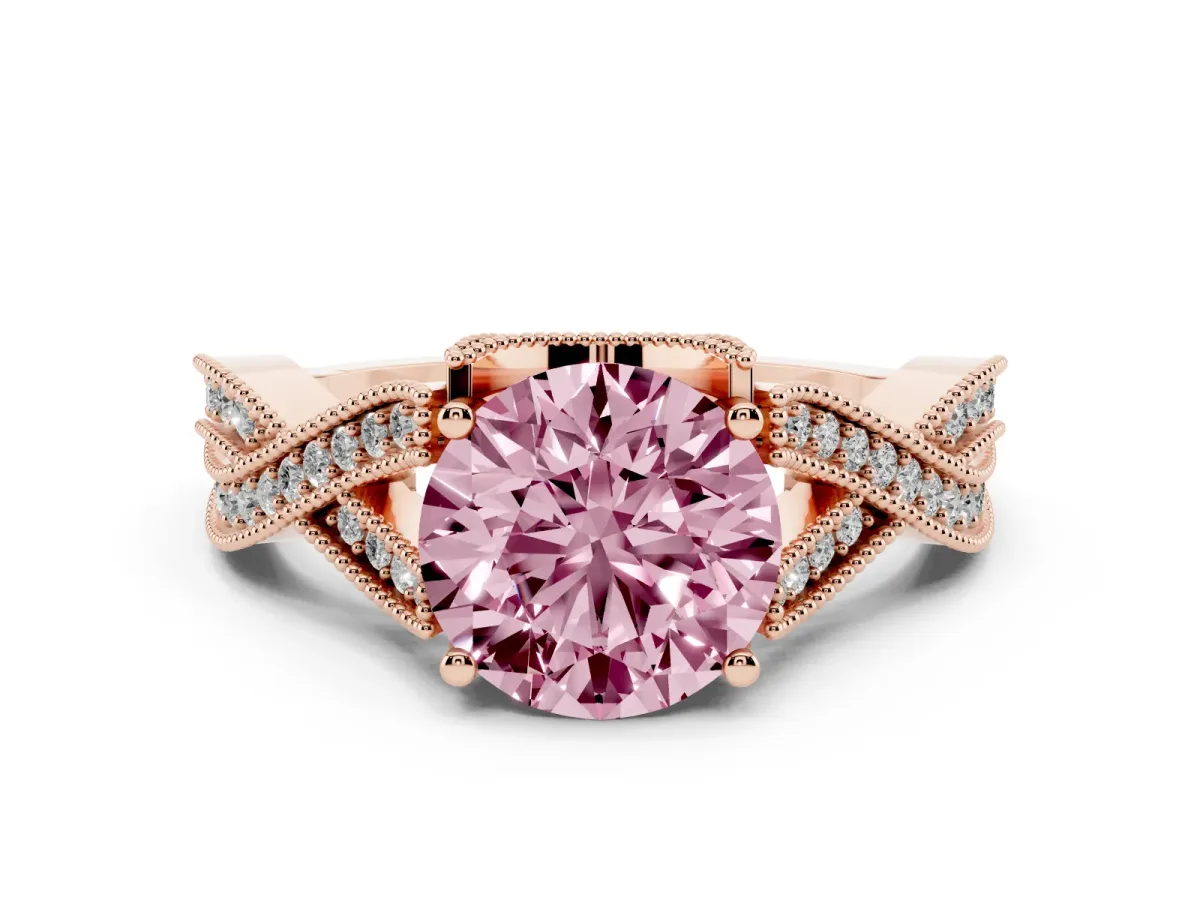 Fancy Pink Round Cut Cut Diamond Twisted Band with Milgrain Pave Setting and Four-Prong Setting Rose gold