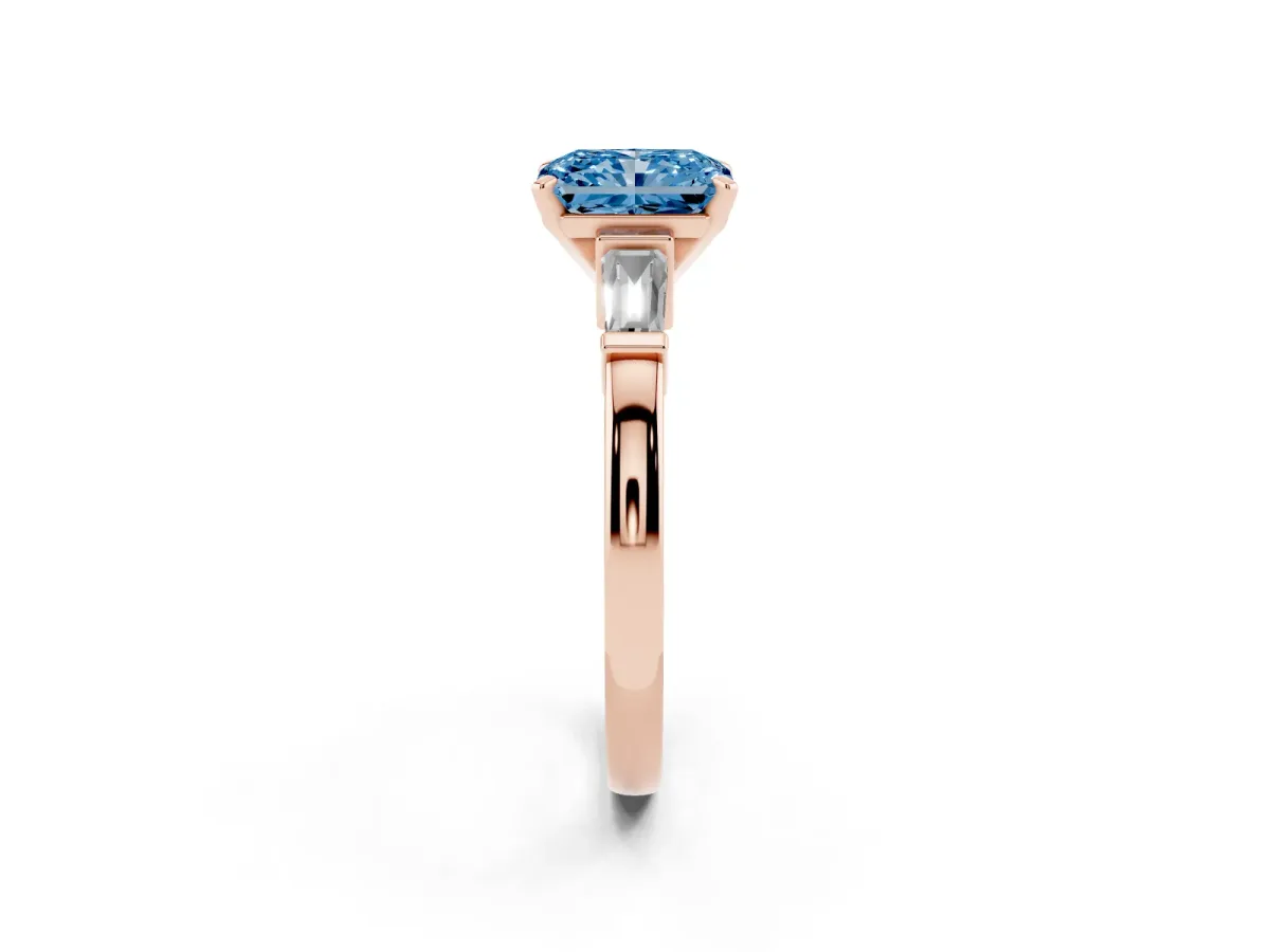 Fancy Blue Radiant Cut Cut Diamond Solitaire Ring with Tapered Baguette Accents and Four-Prong Setting Rose gold
