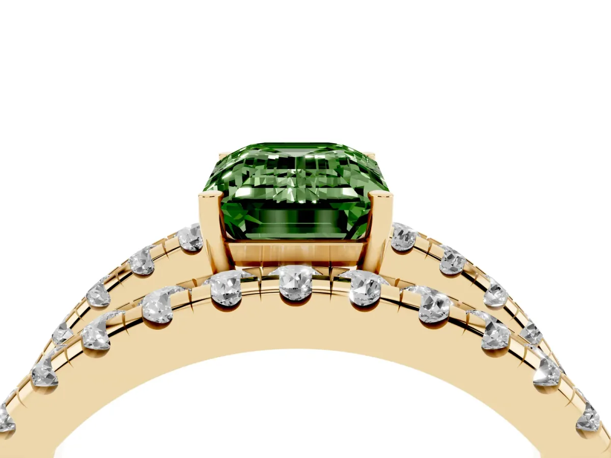 Fancy Green Emerald Cut Solitaire Split Shank Pave Diamond Ring Yellow gold