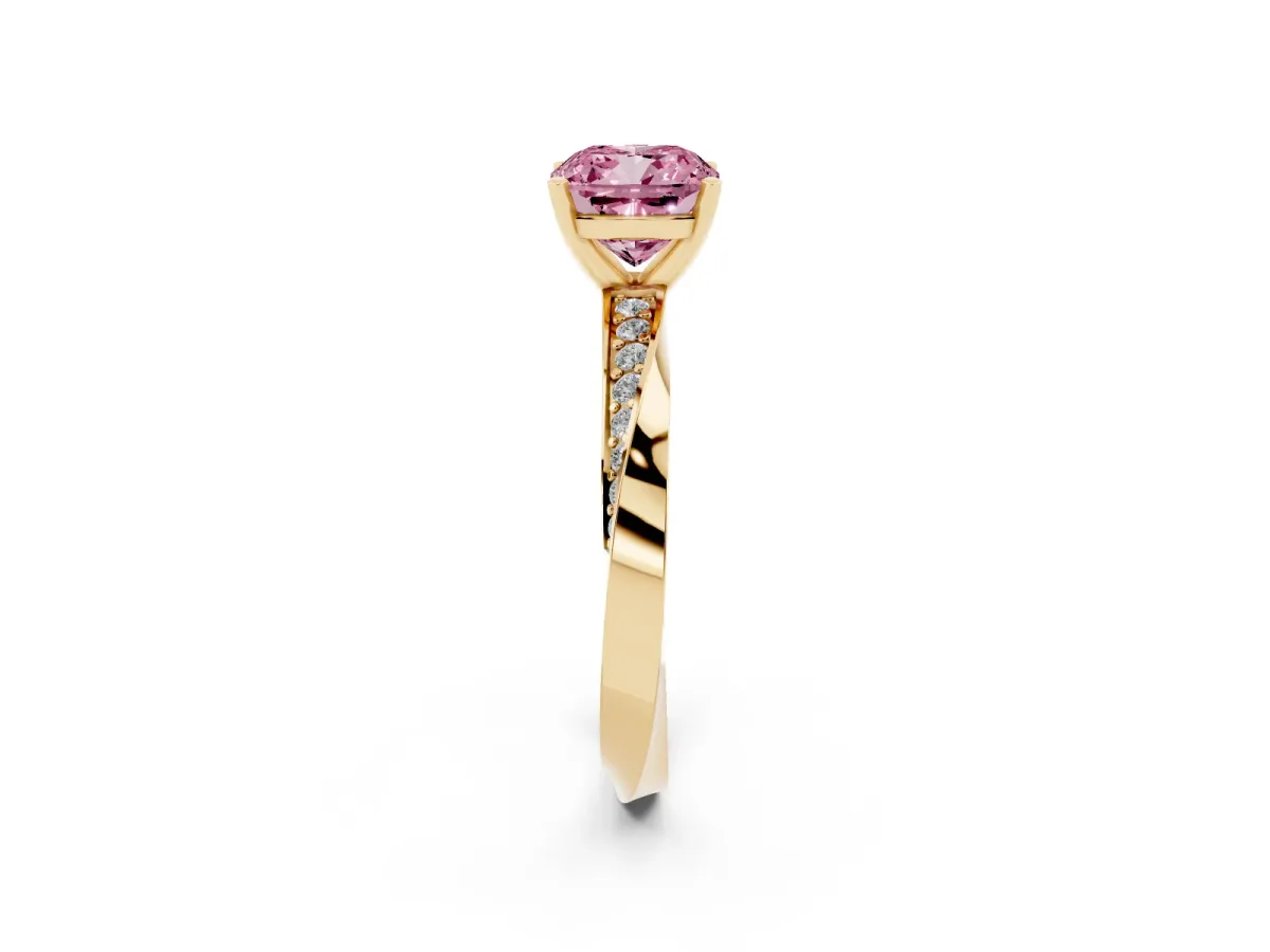 Fancy Pink Cushion Cut Diamond Engagement Ring with Side Stone Accents and Four-Prong Setting Yellow gold