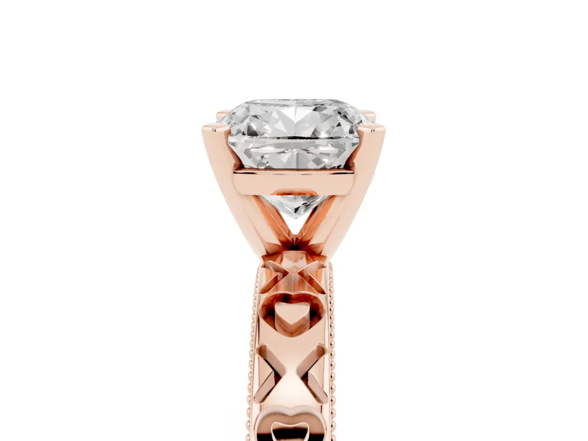 Cushion Cut Solitaire Diamond Engagement Ring with XO Engraved Band and Four-Prong Setting Rose gold