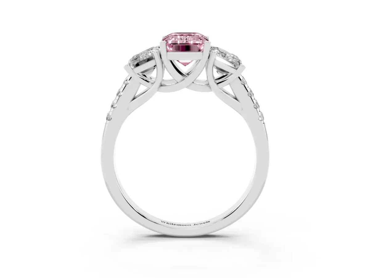 Fancy Pink Three-Stone Emerald Cut Diamond Ring with Round Pavé Band and Prong Setting Silver